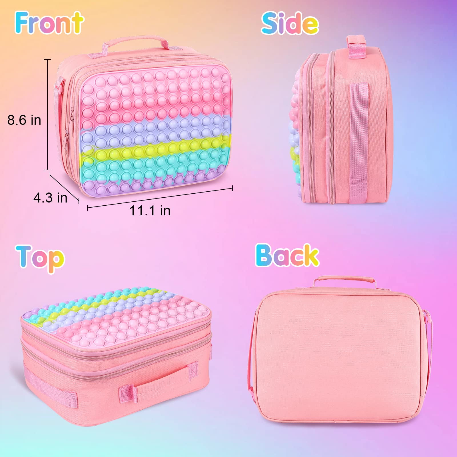  Pop Lunch Box for Girls Kids Insulated Lunch Bag, Rainbow Push  Bubble Girls Lunch Box for School Supplies Office, Leakproof Cooler Lunch  Tote Bag with Adjustable Strap, Birthday Back to School