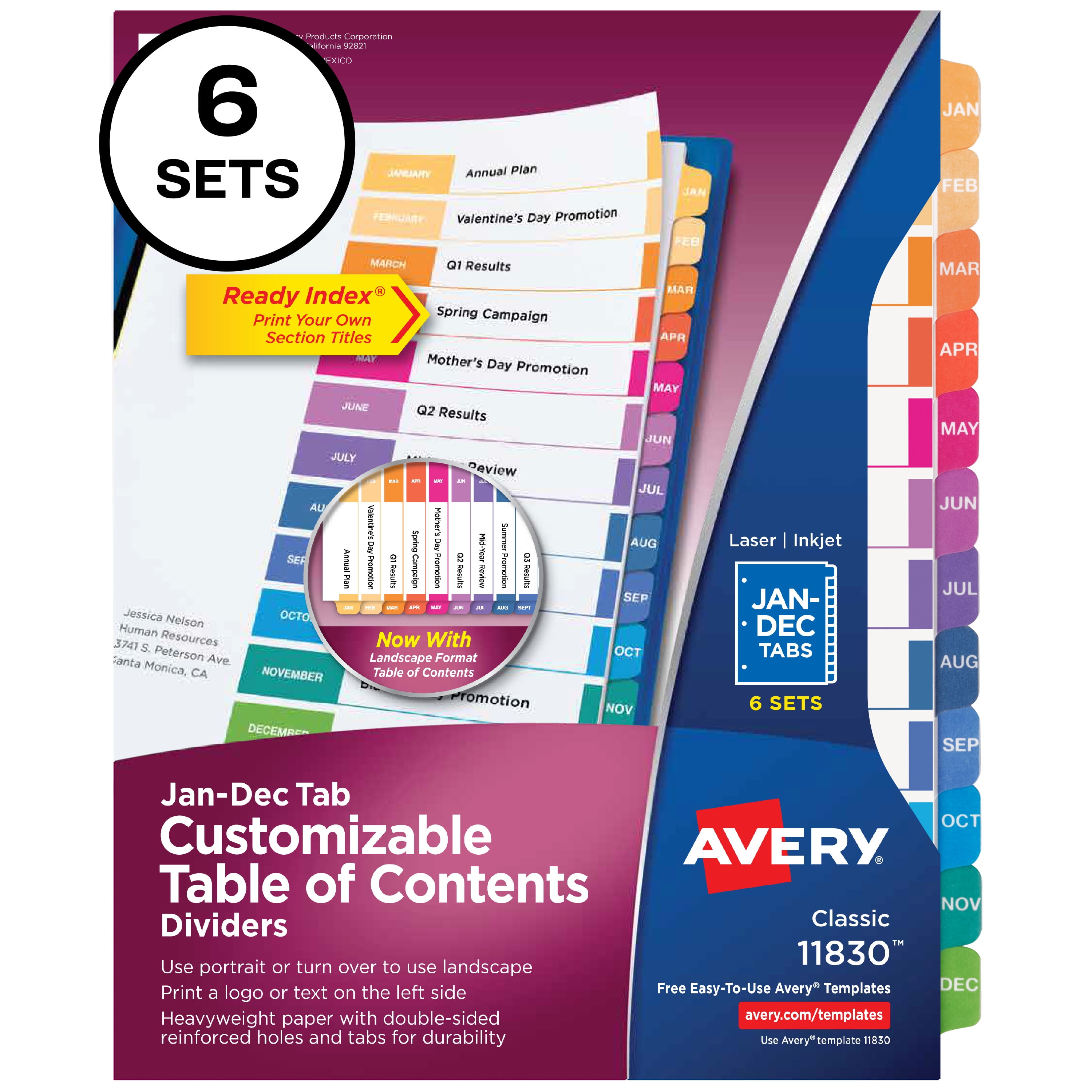 Avery Ready Index Jan-Dec 12 Tab Binder Dividers, Customizable Table of Contents, Classic Multicolor Tabs, 6 Sets (11830)