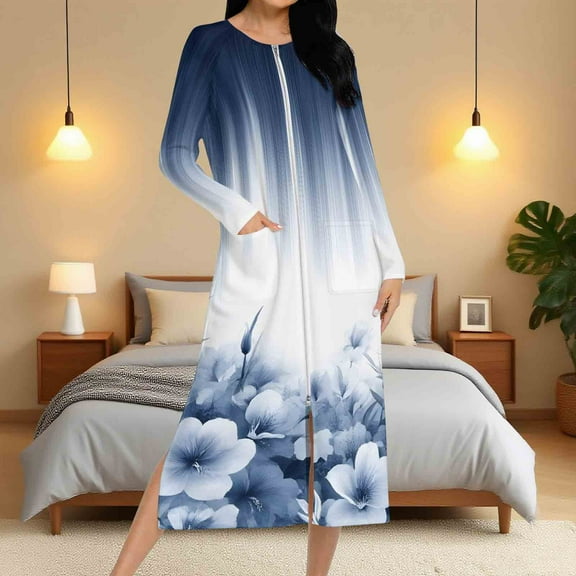 Aboser Women's Zip Up House Robe Elegant Floral Printing Bathrobe Long Sleeve Zipper Front Nightgown Loose Full Length Loungewear with Pockets