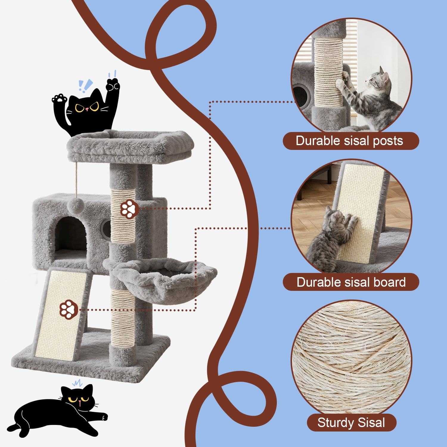Amolife 36.6" Cat Tree Tower for Indoor Cats, Cat Condo with Plush Perch, Sisal Scratching Posts & Ramp, Cozy Cat Furniture, Gray