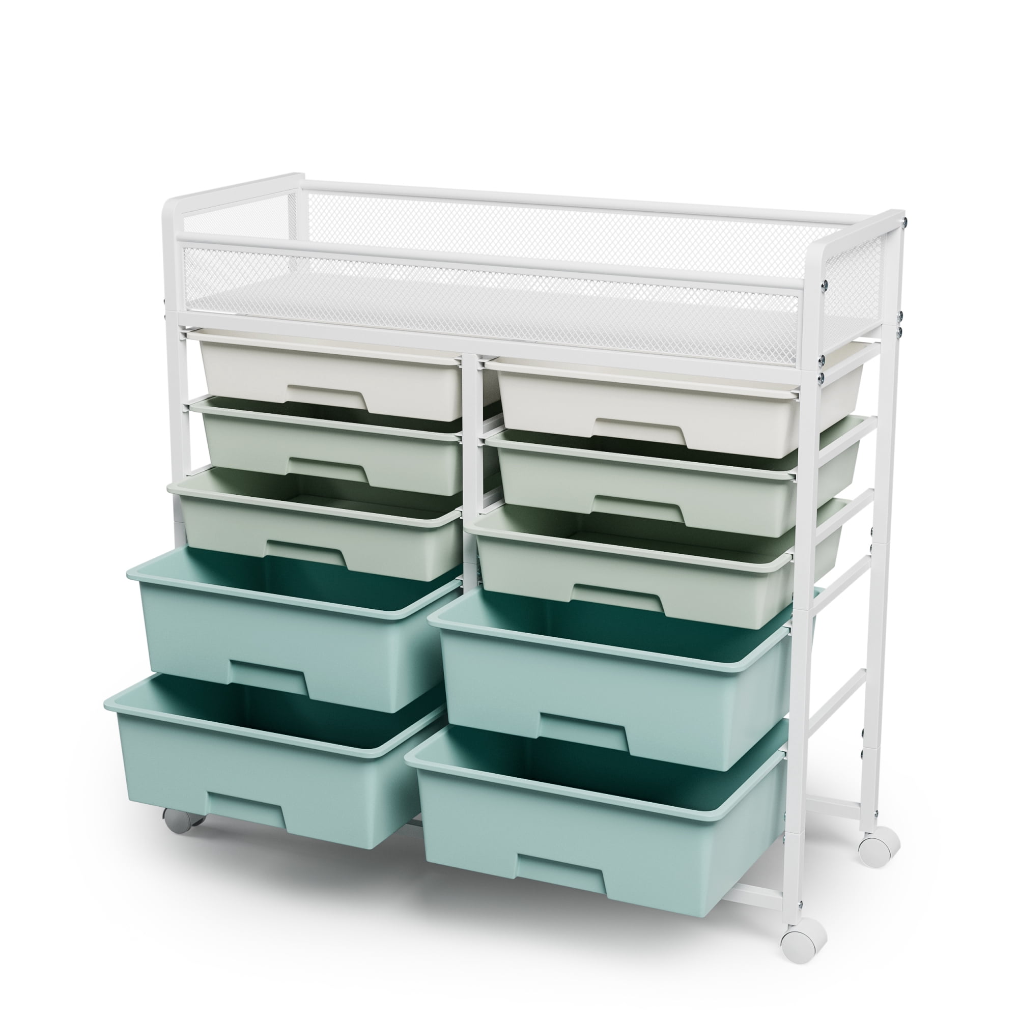 Leumius White Large Capacity 2-Row 10-Drawer Rolling Storage Cart, Metal Mesh Top Utility Organizer with Wheels, Multi-Layer Plastic Drawers for Kitchen, Bathroom, Bedroom, Office
