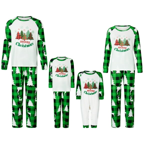 Elippeo Christmas Family Pajamas Matching Set Christmas Tree Print Raglan Long Sleeve Tops and Plaid Pants Sleepwear Nightwear