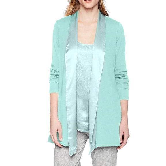 PJ Harlow Shelby Rib Knit Cardigan With Satin Trim (Aqua, S)