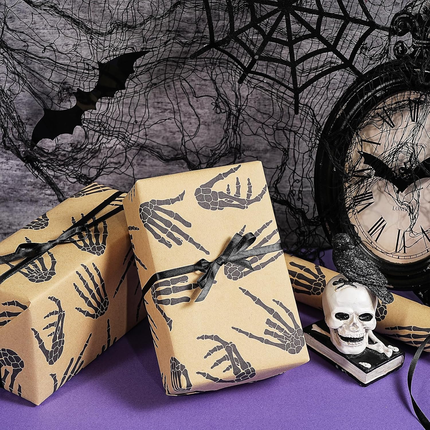 Halloween Skeleton Hand Wrapping Paper Roll, Mini Roll, Black Bone Hand Design, Gothic Kraft Gift Wrap Paper for Spooky Gifts, Halloween Party Favors, Trick or Treat, 17 Inches x 16.4 Feet