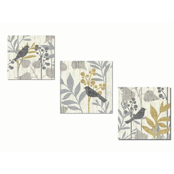 Gray, Cream and Yellow Leaf and Bird Print Adult Decor; 3 - 12" x 12" Unframed Posters