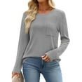 thumbnail image 5 of BiZtdJrK Womens Spring T Shirts Waffle Knit Long Sleeve Crew Neck Tee Tops Loose Fit Solid Dressy Casual Blouse with Chest Pocket Gray S, 5 of 8