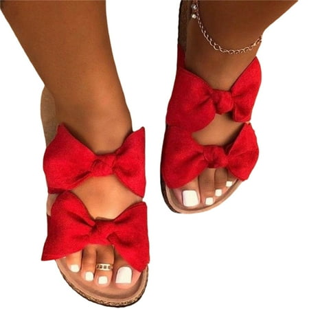 

Peep Toe Slingback Ladies Bow Sandals Flat Casual Shoes with Rubber Sole Summer Beach Supply 41 Red