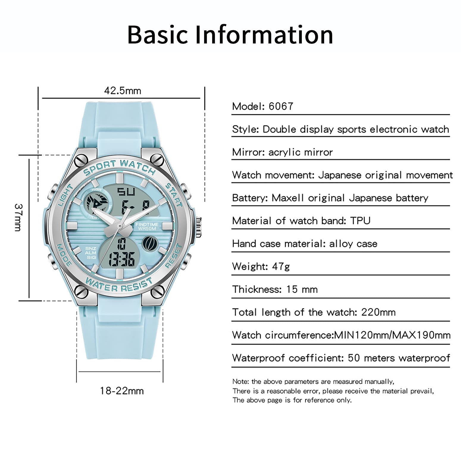 Findtime Ladies Sport Digital Watches Wrist Watch for Women with Waterproof Dual Time Date Luminous Back Light Week Alarm Stopwatch Count Down White Black Blue Green
