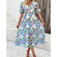 thumbnail image 2 of Alsol Lamesa V Neck Summer Dress for Women Short Lantern Sleeve Casual Loose Boho Vintage Print Midi Dress Green, 2 of 6