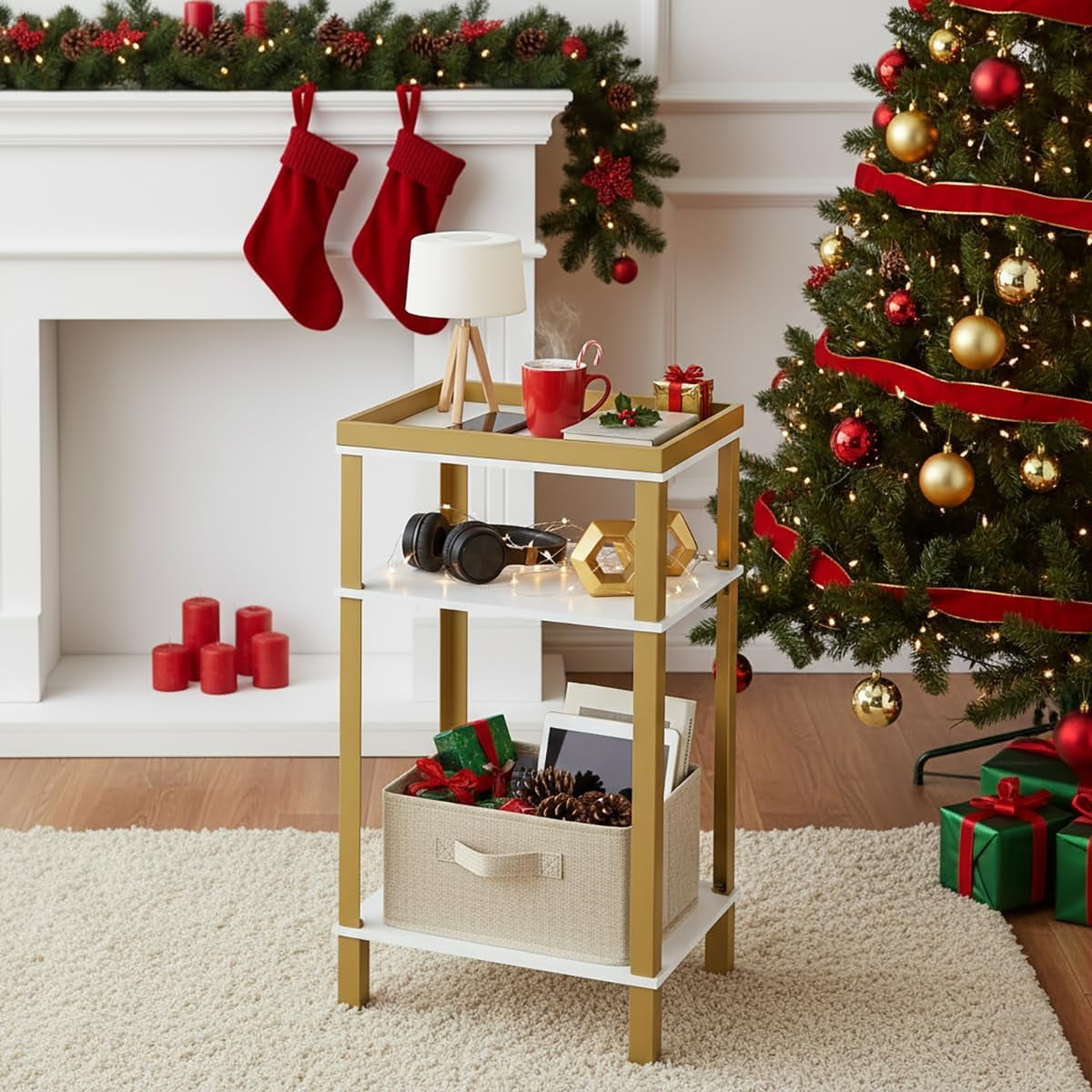 ZEXVIDA Side Table for Small Spaces, 3 Tier End Table with Metal Tabletop Tray Storage Shelf, Small Narrow Thin End Table Bedside Table,Nightstand for Hallway,Living Room,Bedroom (White & Gold)