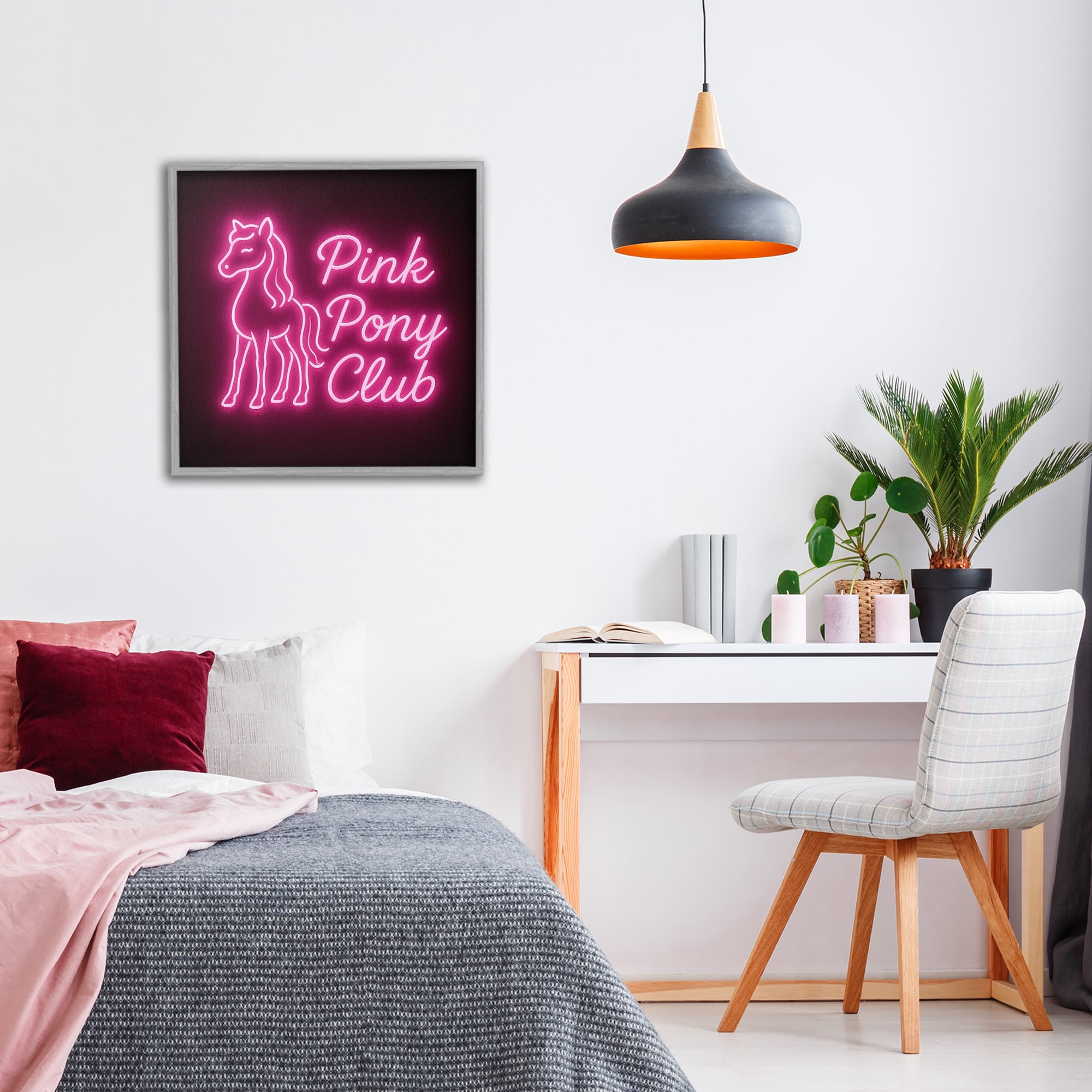 Stupell Industries Pink Pony Club Neon Gray Framed Giclee Art, design by Grotto Studios