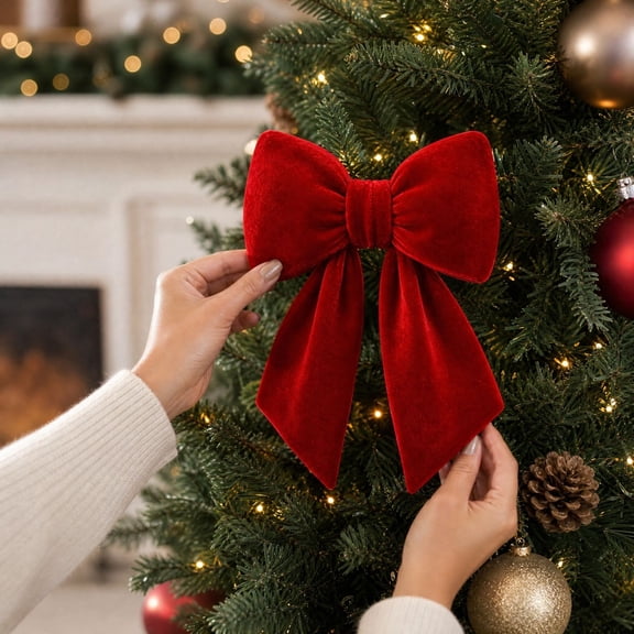 6 Inch Velvet Christmas Bow Ornament with Zip Ties Puffy Ribbon Bow for Tree Wreath Red