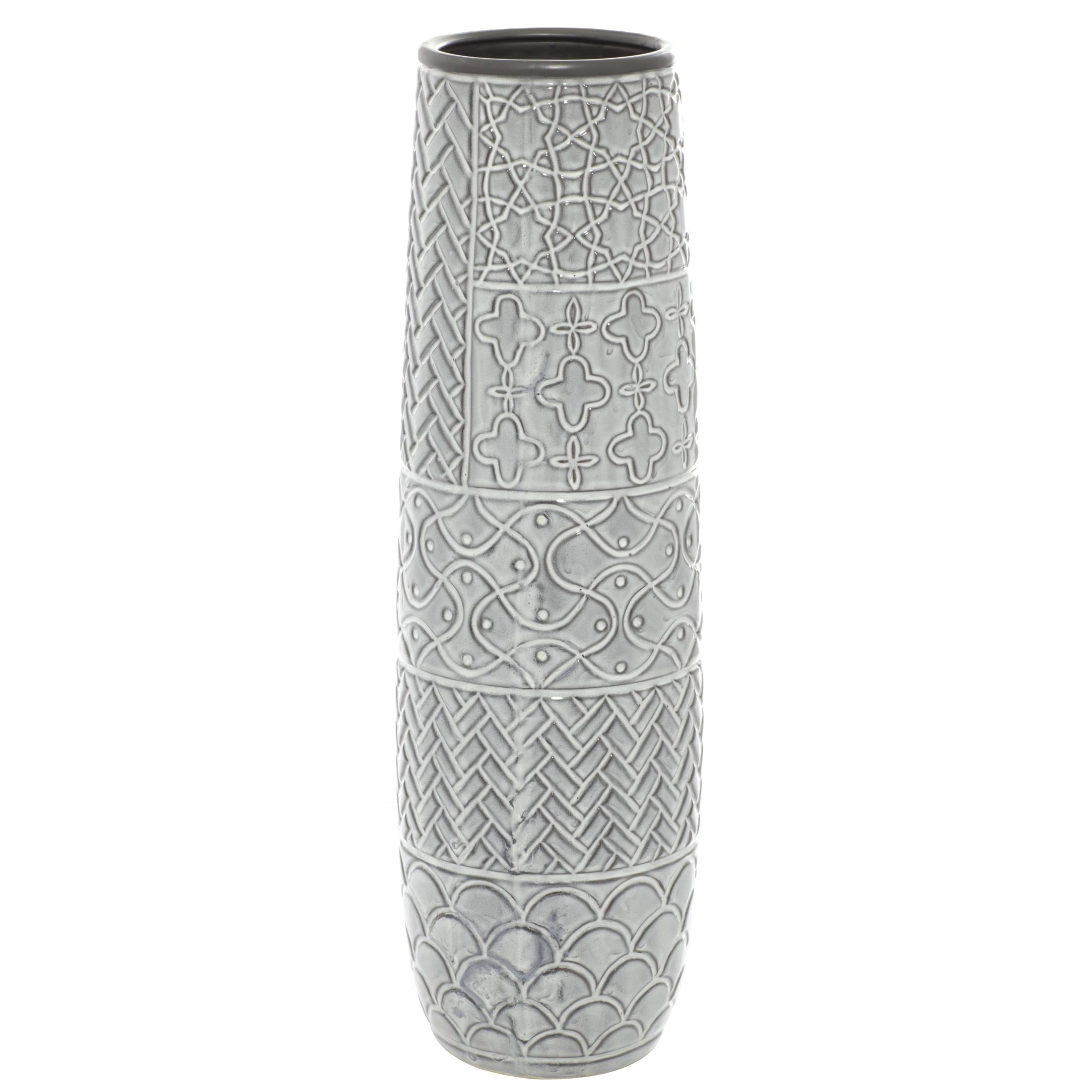 DecMode Gray Eclectic Ceramic Decorative Vase with Chevron, Scribbles, Curved Scales and Scrolling Vines Pattern, 7"W x 22"H
