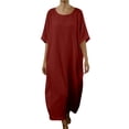 thumbnail image 3 of Horkkom Maxi Dress for Women Summer Short Sleeve Linen Dress Casual Loose Flowy Dresses Crew Neck Solid Color Long Dresses XXL, 3 of 6