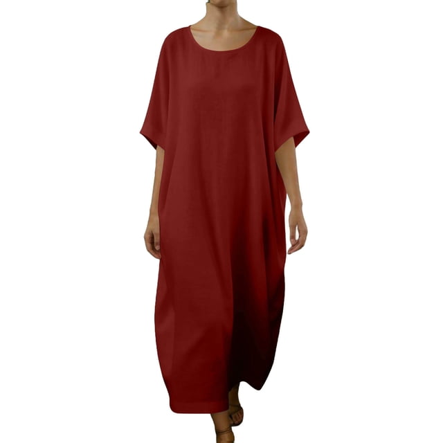 Kyusrd Robe Maxi pour Femmes à Manches Courtes Robe d'Été en Lin Décontractée Couleur Unie à Manches Courtes Robe Longue de Plage
