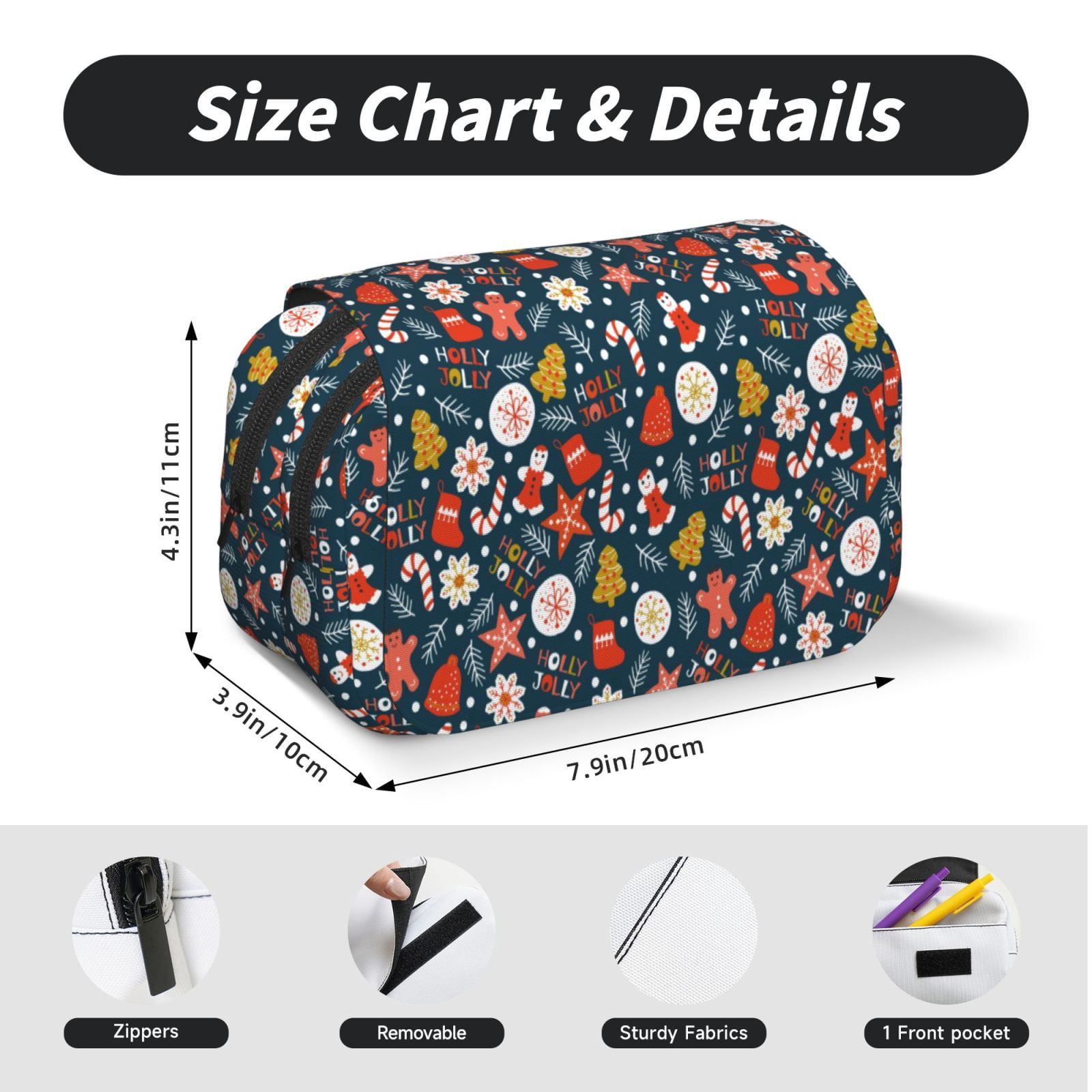 Rateoe Holiday Christmas Cookies Pattern Double Clamshell Pen Case, Storage Organizer with Two Zipper Compartments– Holds Up to 50 Pencils & Pens