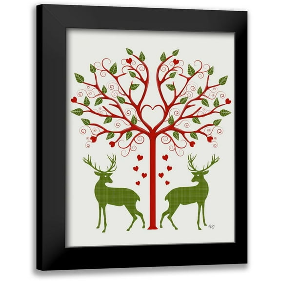 Fab Funky 12x14 Black Modern Framed Museum Art Print Titled - Christmas Des - Deer and Heart Tree, On Cream