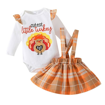 

ZHUASHUM Toddler Girls Thanksgiving Long Sleeve Cartoon Print Romper Bodysuits Suspenders Skirts Outfits