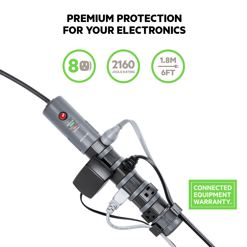 Belkin Pivot Plug Surge Protector, 8 AC Outlets, 6 ft Cord, 1,800 J, Black