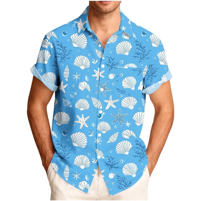 Mens Casual Manga Corta Botón Abajo Camisas Impresas Turndown Cuello Blusa para el Verano