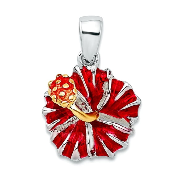 925 Sterling Silver Rhodium Plated Polished Enameled Red Hibiscus Pendant Necklace 10.8x10.8mm Wide Pendant for Women