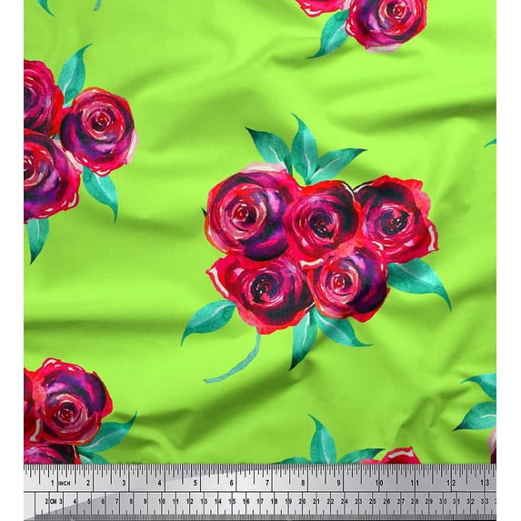 Soimoi Green Cotton Poplin Fabric Leaves & Rose Floral Printed Fabric 1 Yard 56 Inch Wide