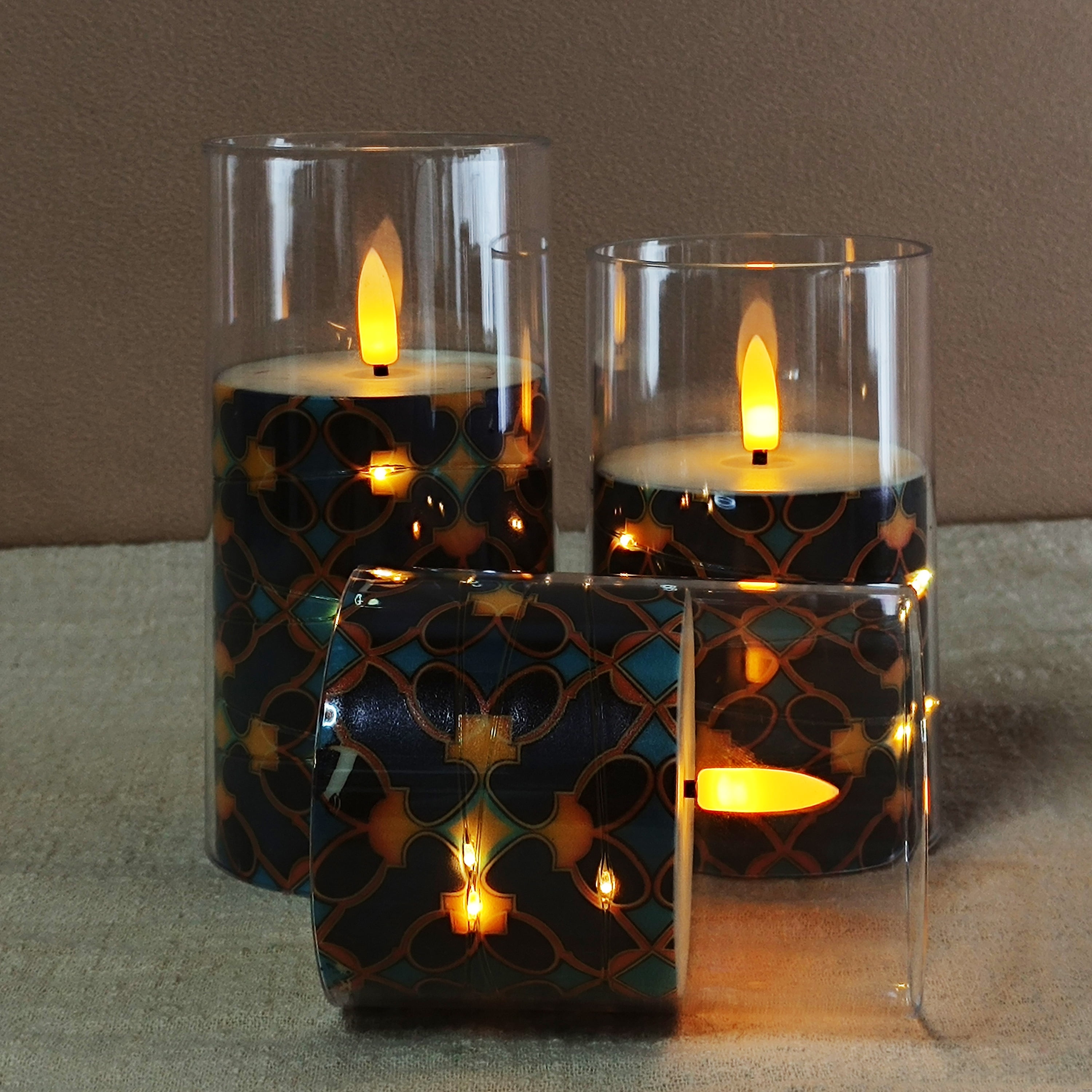 Flameless Candles with String Lights LED Candle Battery Operated Candles with Remote Control,Printed Pillar LED Candles for Wedding Holiday Party Table Home Decorations,Set of 3