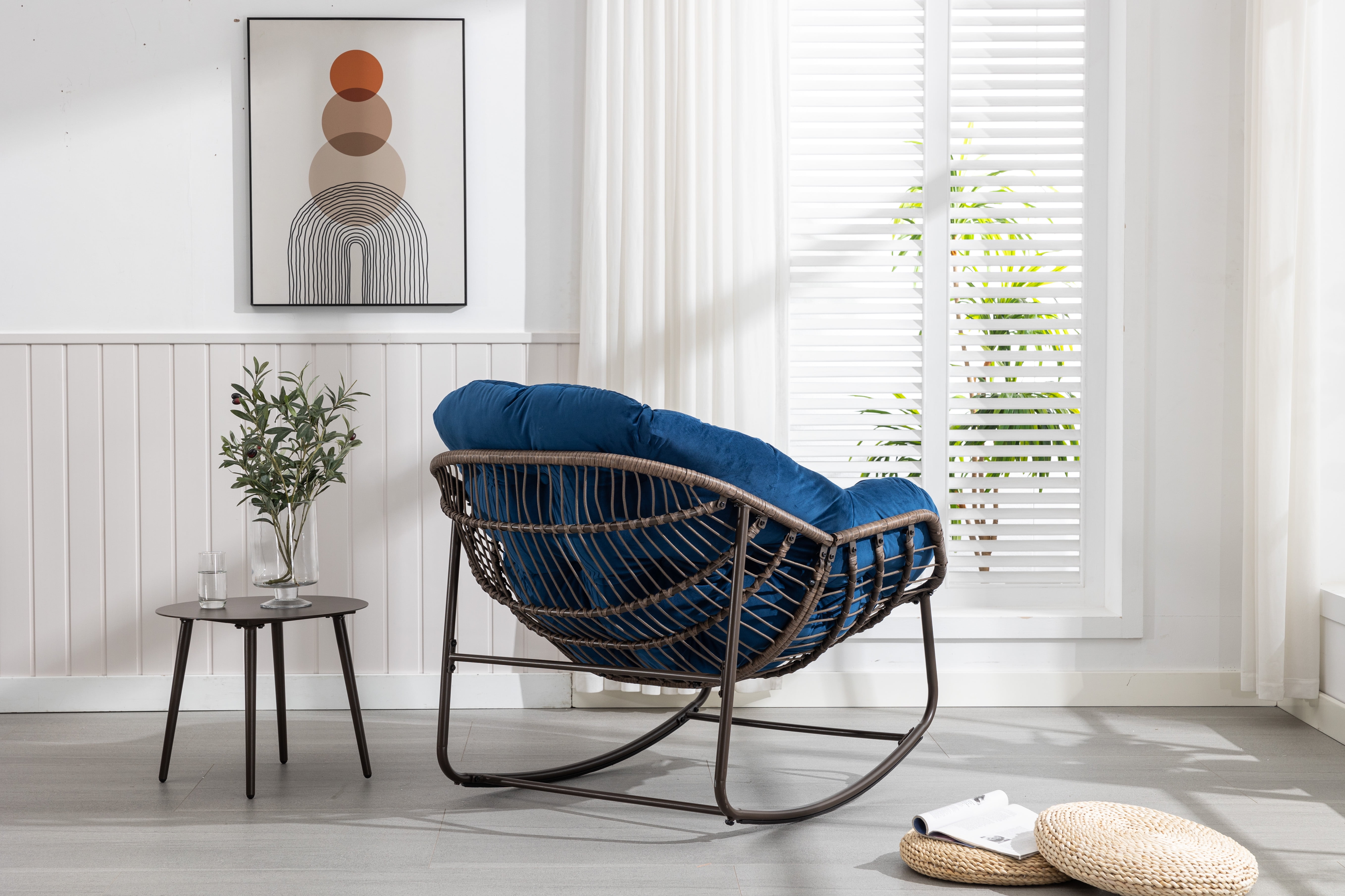 Outdoor Rattan Rocking Chair Oversized with Padded Cushion, Hand-Woven Egg Rocker Chair for Patio and Front Porch, Navy Blue