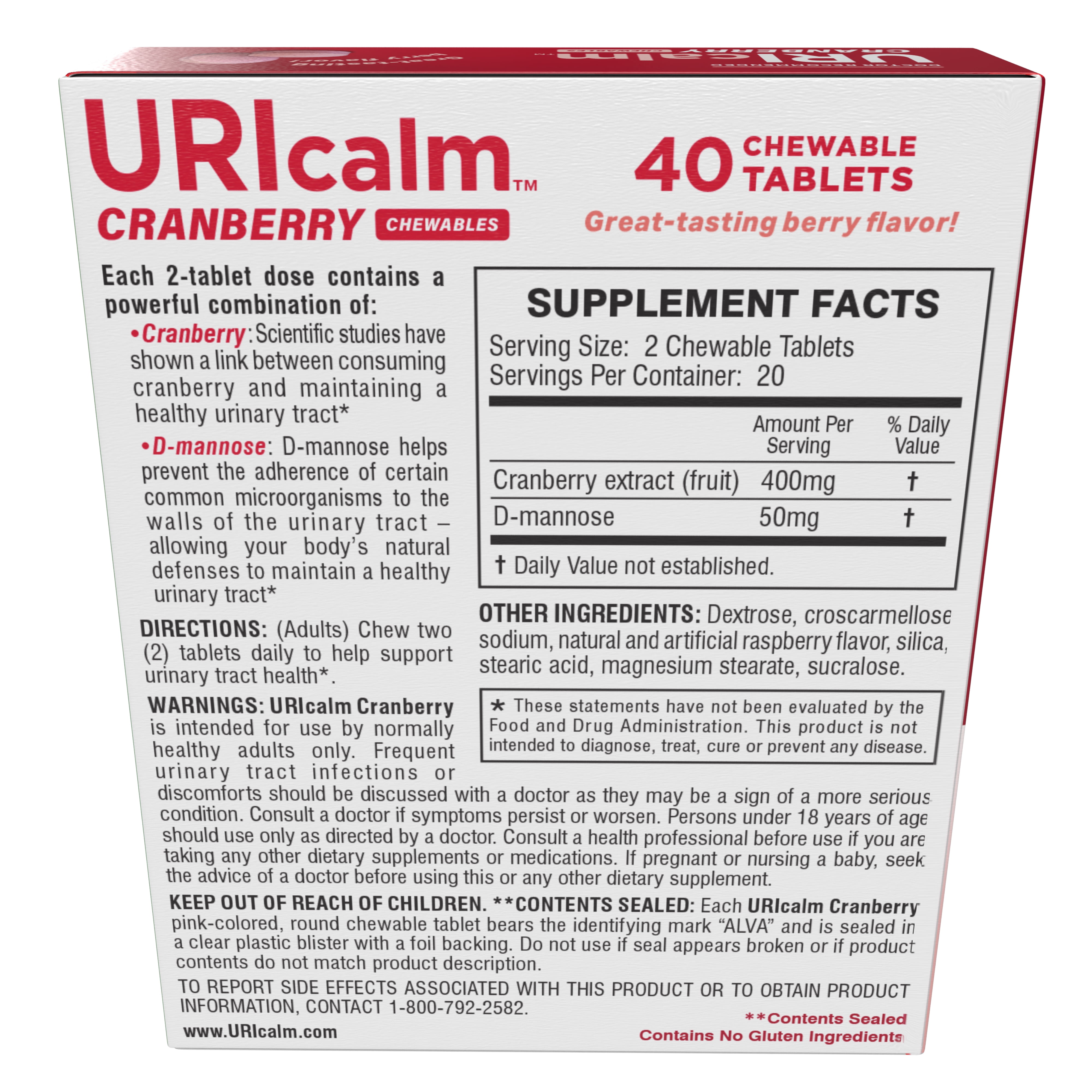 URIcalm Cranberry Urinary Tract Health Supplement, Chewable, Women's Health, Berry Flavor, 40 Count