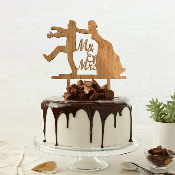 Wedding Cake Topper Set with Wooden Picks - Elegant Cake Decorations for Wedding Cakes Featuring Classic Design and Reusable Components - A