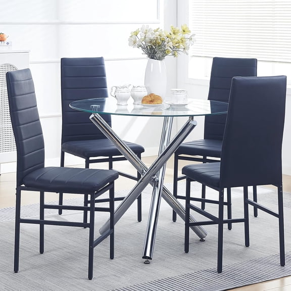 Round Dining Table Set for 4, Tempered Glass Kitchen Table with 4 Faux Leather Chair Set,5-Pieces Round Glass Dinig Room Set for Smalll Space/Apartment/Living Room/Home Kitchen