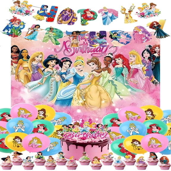 Princess Party Supplies, Birthday Party Decorations Set Include Banner, Backdrop, Balloons, Cake Cupcake Toppers, for Boys Girls Princess Theme Party