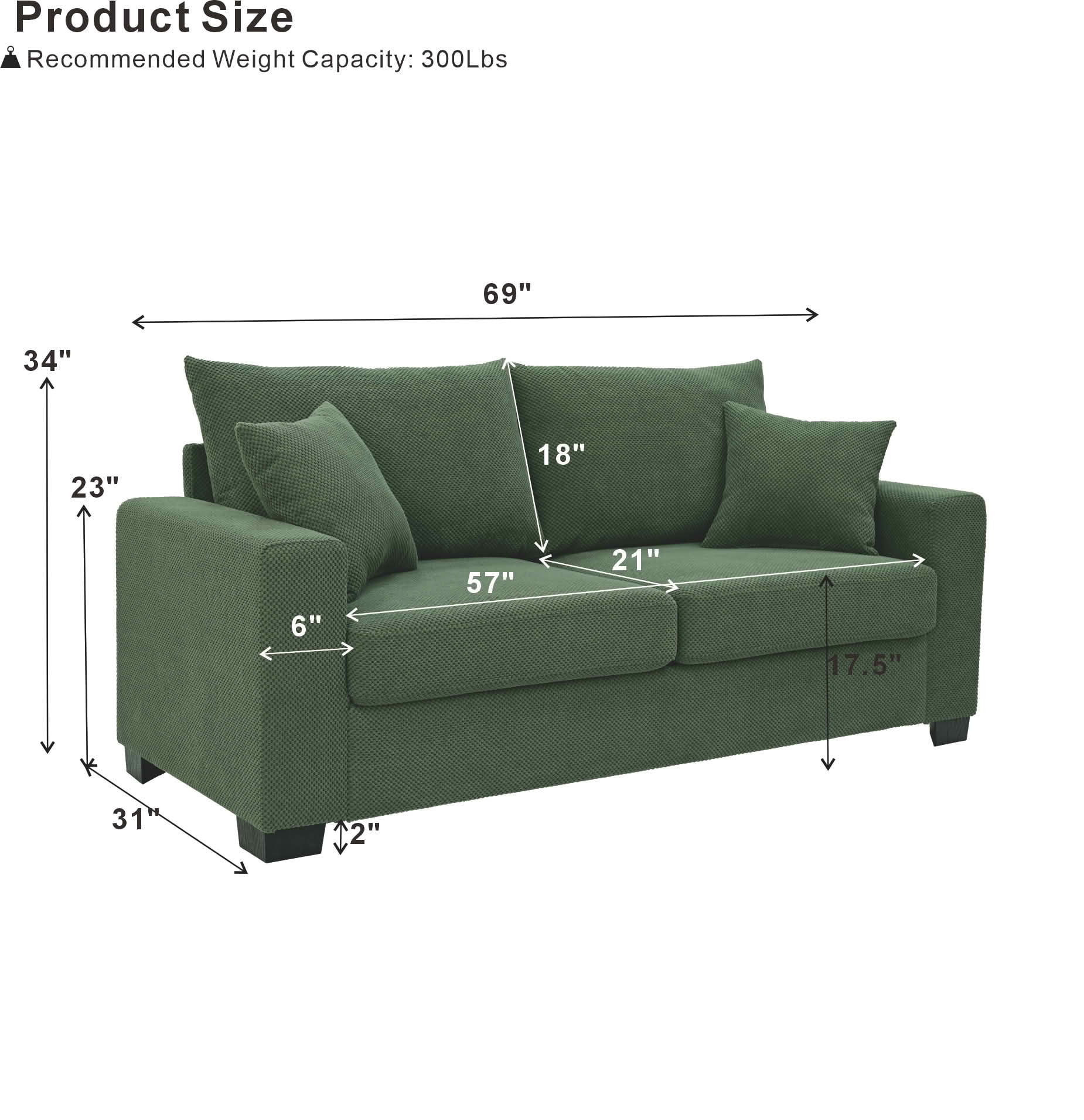 MAYEERTY 69 Inch 2‑Seater Upholstered Sofa, Textured Fabric Couch with 2 Throw Pillows and Plastic Legs for Apartment, Living Room, Home Office