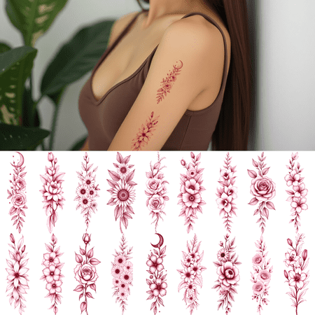 9 Sheets Temporary Tattoo Stickers Waterproof Lasting Body Stickers Red Line Floral Rose Butterfly Peony Flower Adult Women Tattoo Stickers Arm Leg Thigh Back Shoulder