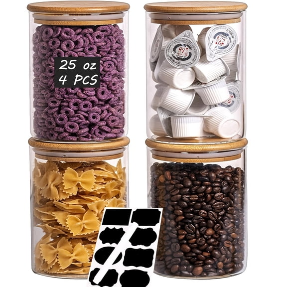 4Pack Glass Storage Containers With Bamboo Lids, 25oz Glass Jars With Lids, Clear Food Storage Jar, Glass Canister For Pantry Cookie Flour Cereal Rice Sugar Tea Coffee Beans Spice