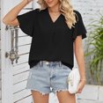 thumbnail image 2 of Camisetas de manga corta con cuello en V para mujer, camisetas informales plisadas de Color puro a la moda para mujer, camisetas de verano para viajes diarios, oficina, negro L, 2 of 6