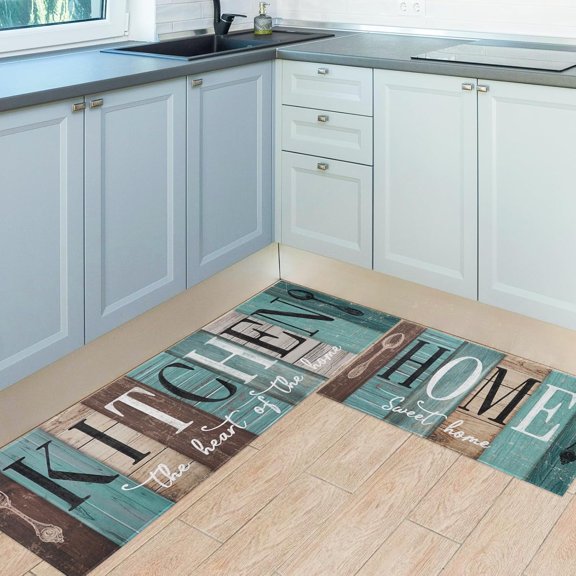 Teal Turquoise Kitchen Mats Set, Runner Area Rug Floor Mat, 17x30 and 17x47 Inches,Retro Farmhouse Boho Green Kitchen Decor and Accessories, Teal Brown Woodgrain