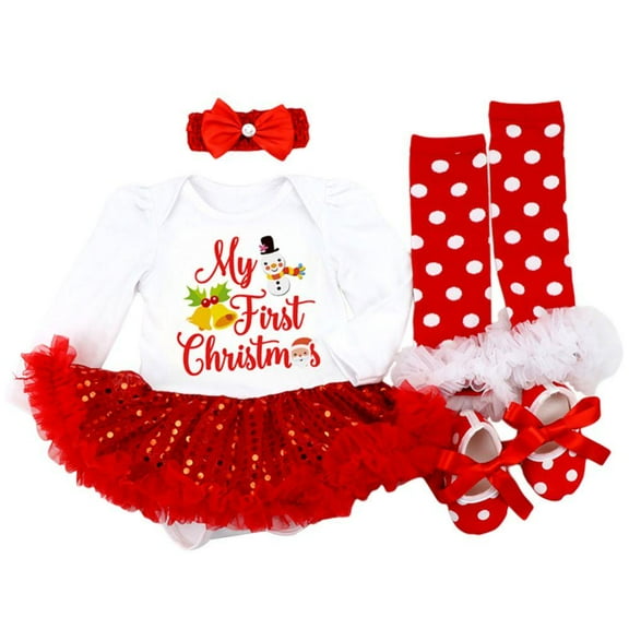 Baby Girls Christmas Outfits Clothes Newborn My First Christmas Romper Tutu Dress Headband Leg Warmer Shoes Toddler Clothing 4pcs/set 0-18 Months