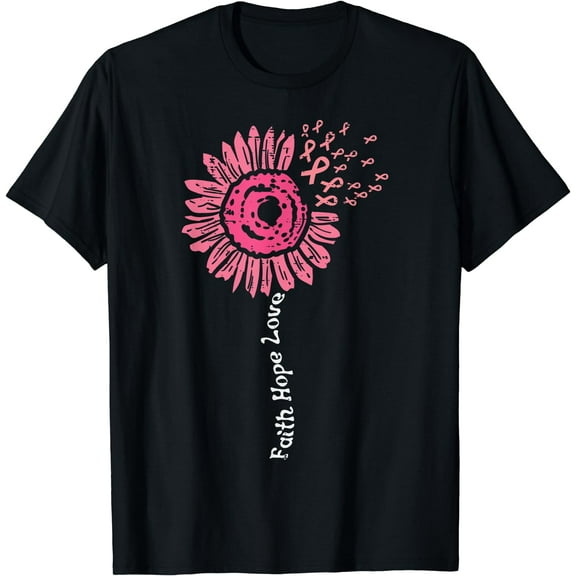 Faith Hope Love Flower Pink Ribbon Breast Cancer Awareness T-Shirt