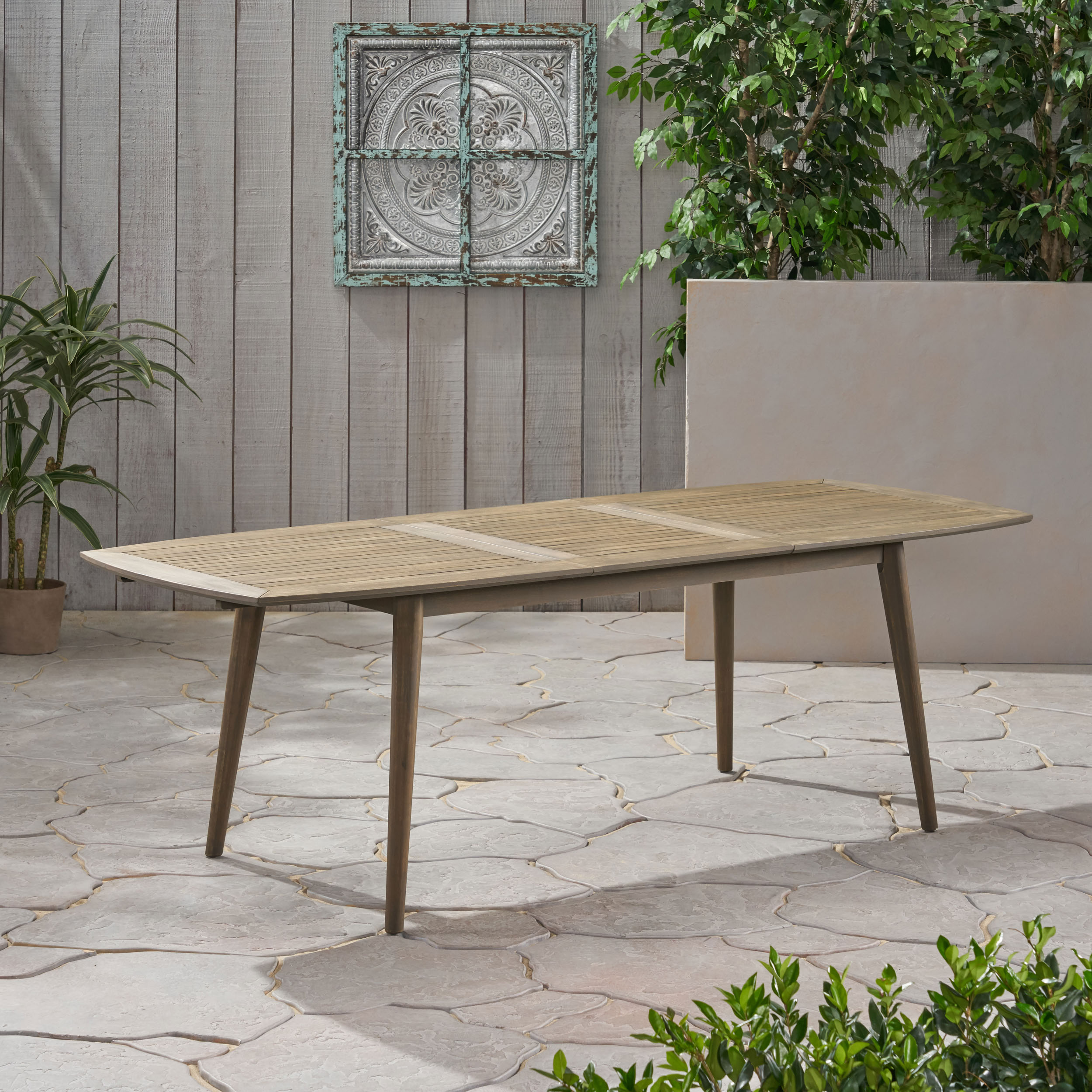 Outdoor Expandable Dining Table, Solid Acacia Wood Structure for Patio Garden, Gray