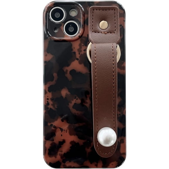 Tortoise Shell Pearl Wristband Retro Phone Case for iPhone 13 Pro 2021,Brown Leopard Cheetah Chic Print Full Camera Protective Women Girls Cover with Wrist Strap(iPhone 13pro 6.1")