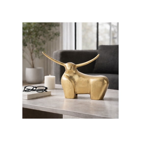 Standing Bull Figurine for Home Decor - Modern Metal Sculpture for Living Room, Shelf, Office, and Coffee Table Styling - Ornaments in Aluminum Longhorn Design for Mantel - 8", Gold & Metallic
