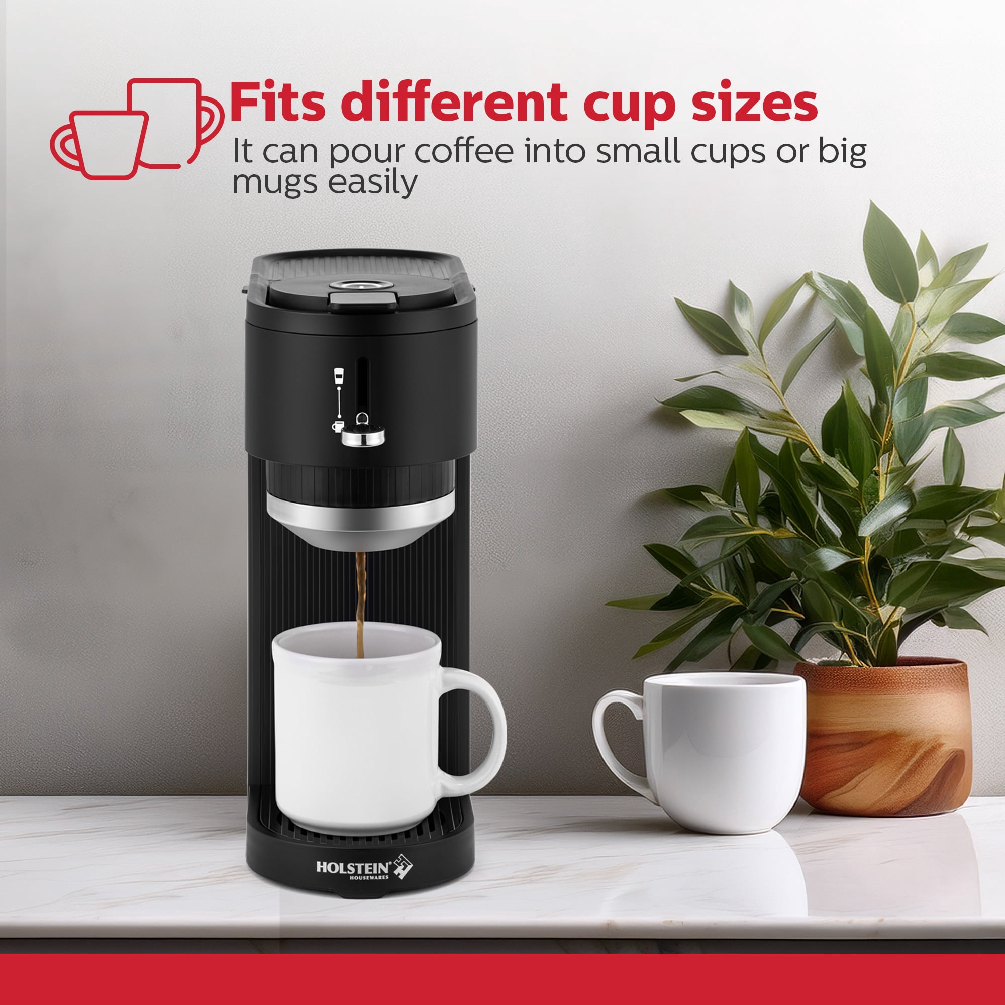 Holstein Housewares 2-In-1 Single Serve Pod and Ground Coffee Maker, Compact Dual Brew Machine with Reusable Mesh Filter, Fits Small Cups and Large Mugs, Space-Saving Design, 14 oz Water Tank