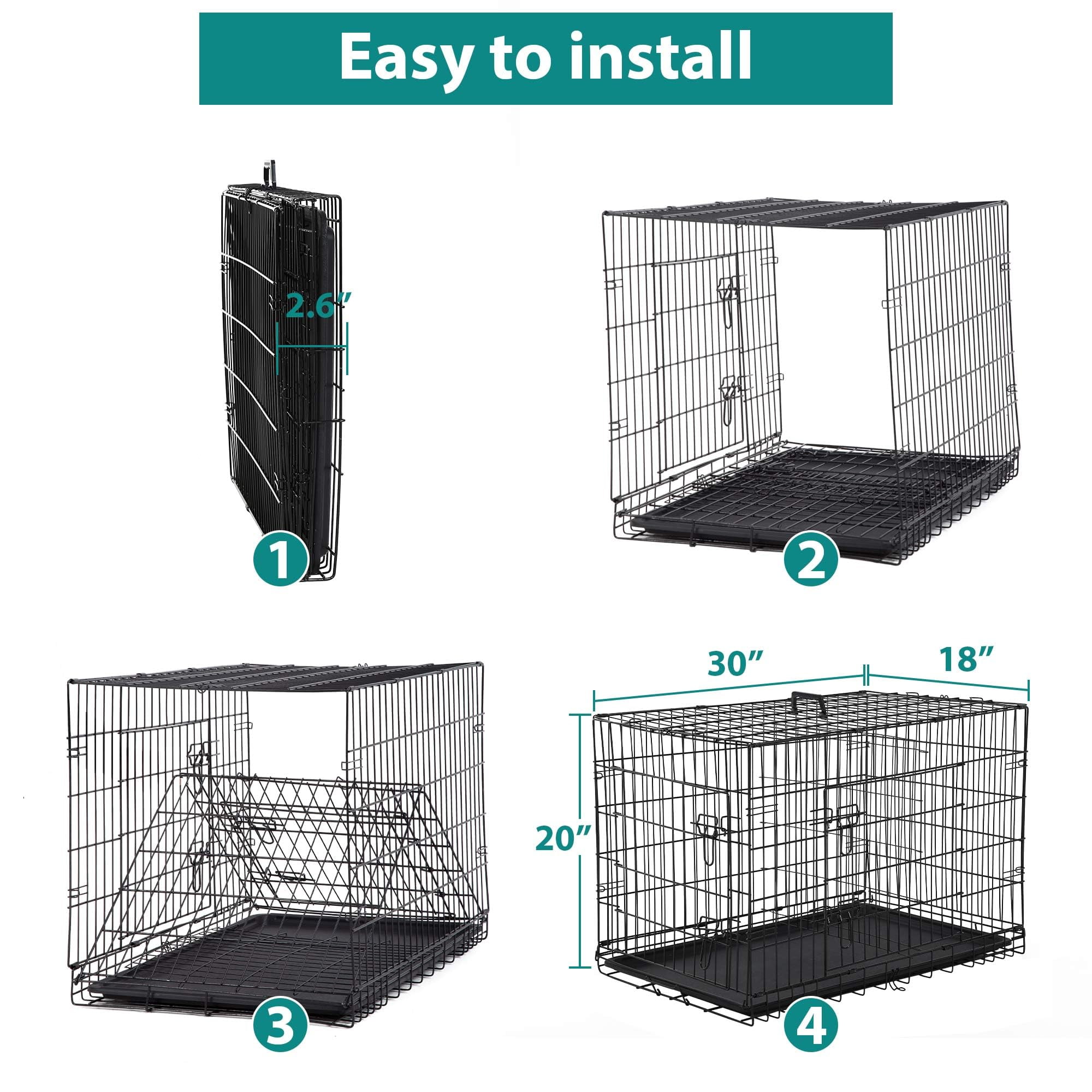 CL.HPAHKL 30 Inch Double Door Folding Portable Metal Dog Crates for Small Dogs, Small Dog Cages with Removable Trays, Locks, Divider Panel, Handle Dog Kennel for Travel, Outdoor, Carry, Home, Black