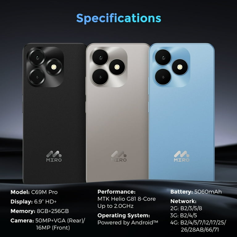 MIRO C69M Pro Cell Phone, Android 15 Unlocked Phones, 8 GB +256GB