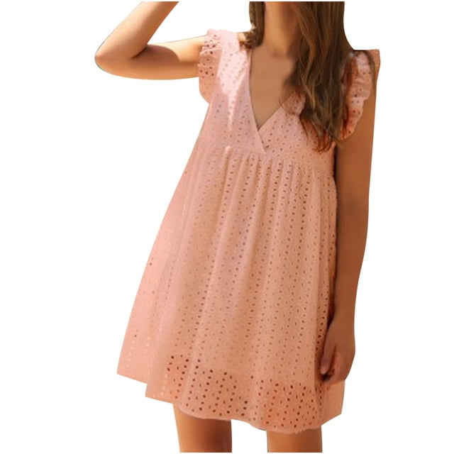 Pompotops Robe Mode Femme Unie Été Sans Manches Col en V Robe Décontractée en Dentelle Mini Robe