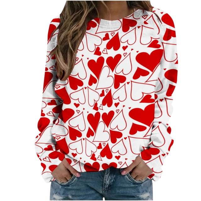 Womens Valentines Long Sleeve Shirts Casual Oversized Round Neck Printed Pullover Lightweight Tops Fall Clothes