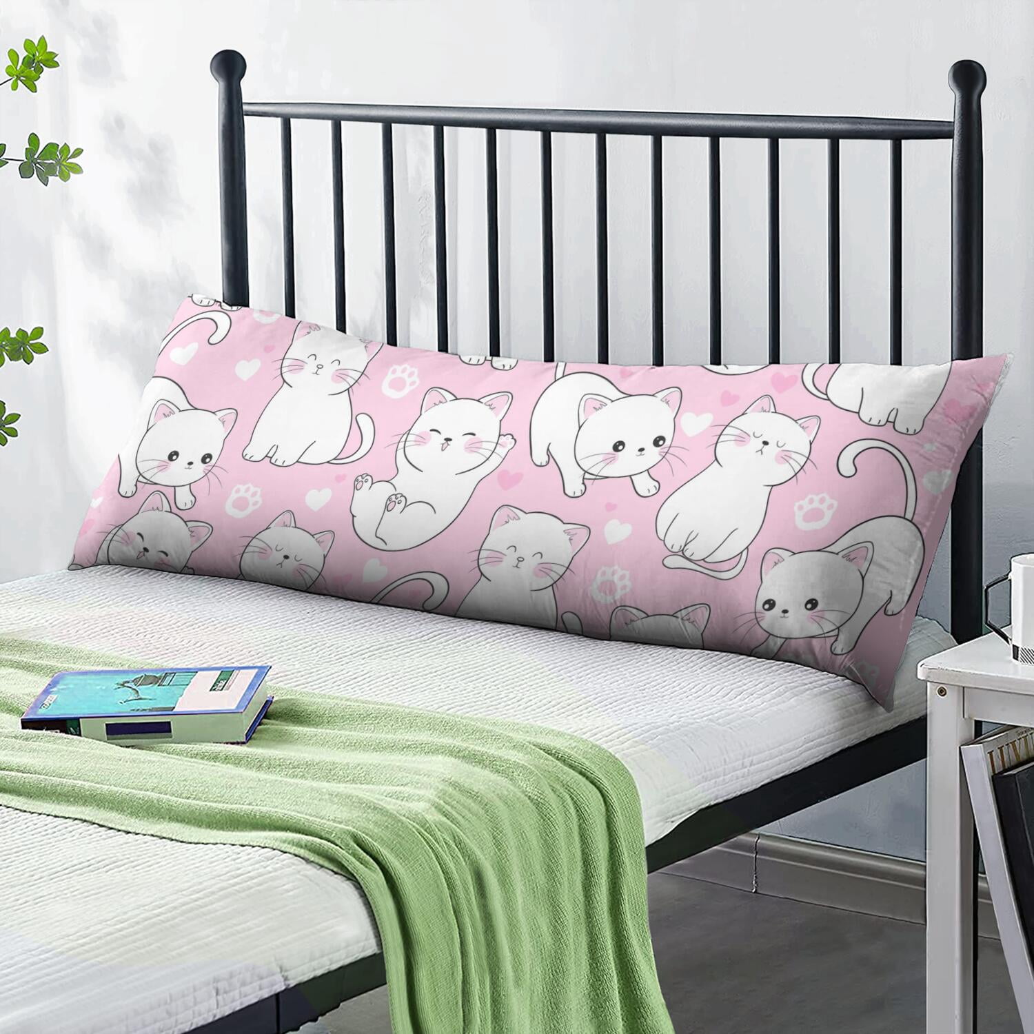 Long Body Pillow Cover – Soft & Breathable, Hidden Zipper, 20"x54", Cute Cat & Paw Print – Perfect Gift for Cat Lovers, Side Sleepers, Pregnancy Support, Pet-Themed Decor
