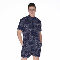 Blue Floral Patchwork Pattern Short Sleeve Men'S Rompers Casual Summer Jumpsuits Outfit