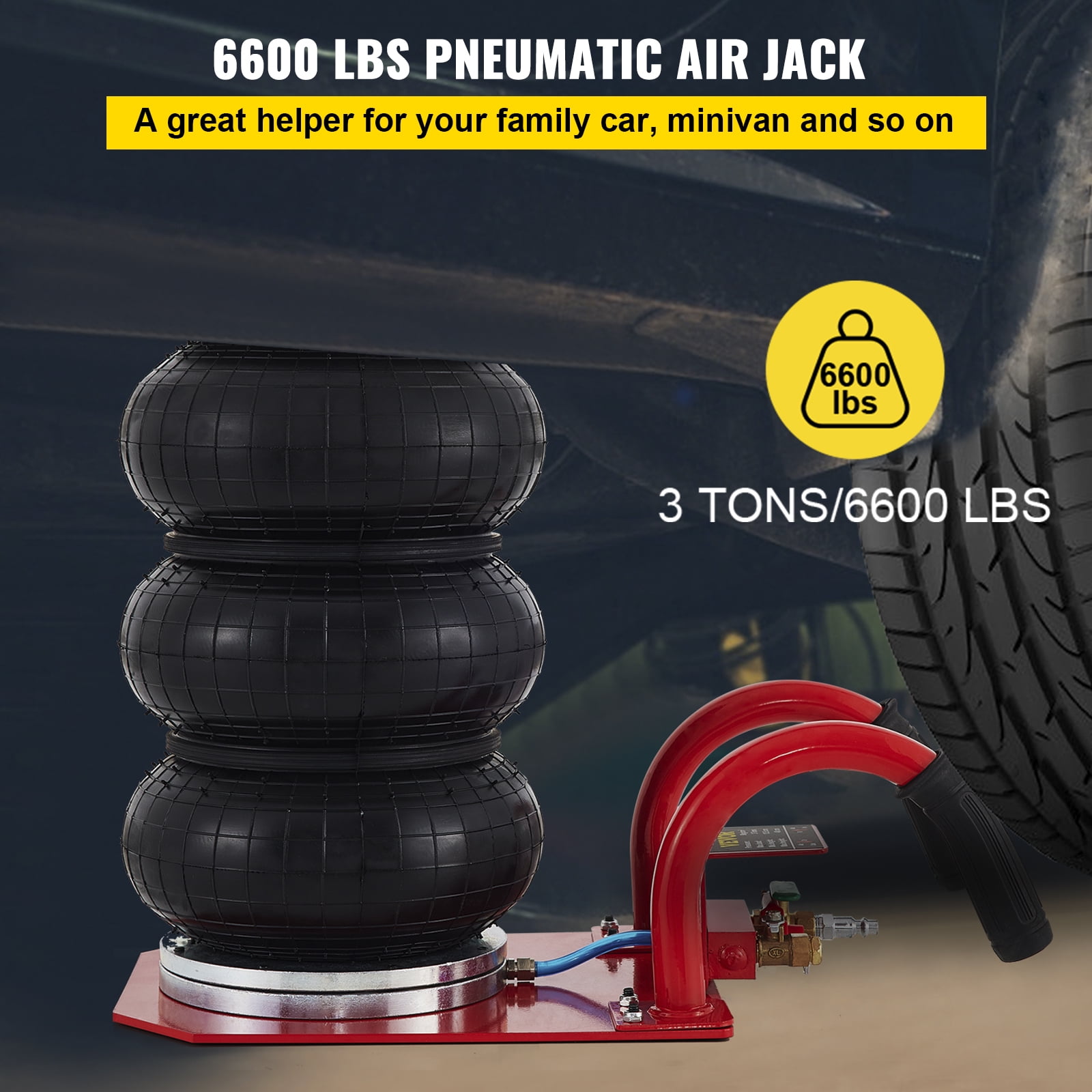 Anbull Portable 3 Ton Pneumatic Jack Triple Bag Air Jack 6600lbs,Quick Lift Heavy Duty Jack for Garage Car Lifting Repair,Up to 16 Inch Black 